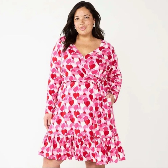 NWT! Draper James Heart Print Long Sleeve Faux Wrap Tiered Rayon Dress Sz 1X - Picture 1 of 6